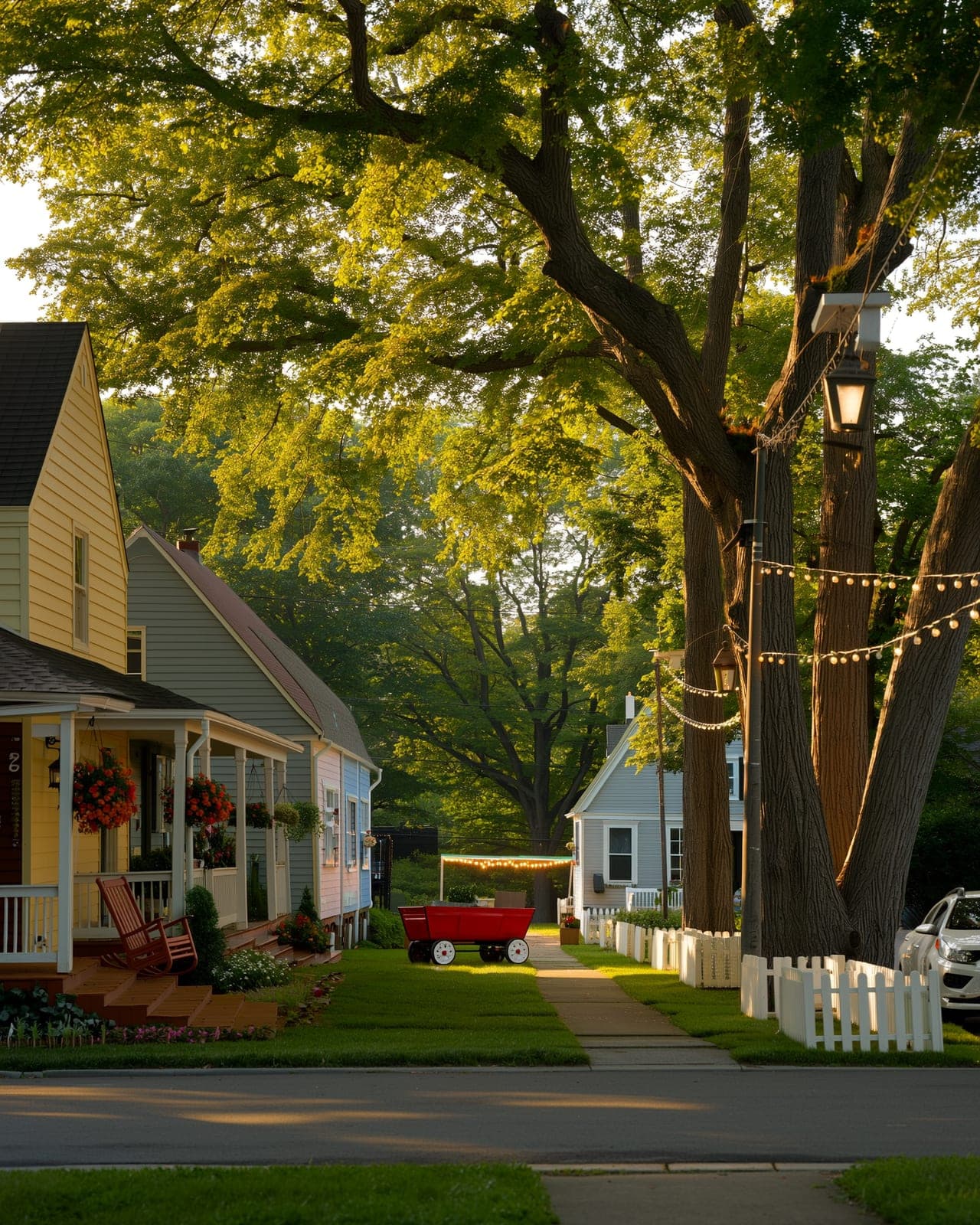 A leafy neighborhood street in late-afternoon light: porches with rocking chairs and hanging flowers, a picket fence, string lights and a red wagon on the lawn.